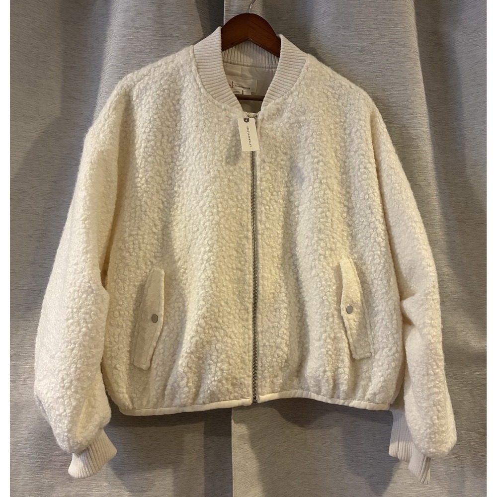 Anthropologie Teddy Bomber Jacket Size L‎ Ivory White Full Zip New Women's